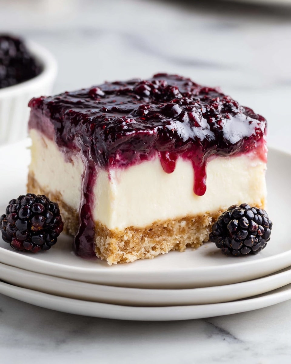 A three-layer dessert square sits on a white plate over another white plate, placed on a white marbled surface. The bottom layer is a thick, crumbly, light brown crust with a slightly grainy texture. The middle layer is a smooth, creamy white cheesecake filling, thick and even. The top layer is a shiny, deep purple berry glaze with visible berry pieces and a glossy, jelly-like finish, dripping slightly down the sides. Two blackberries sit beside the dessert on the plate, one whole and one partially showing its inside. Photo taken with an iphone --ar 4:5 --v 7