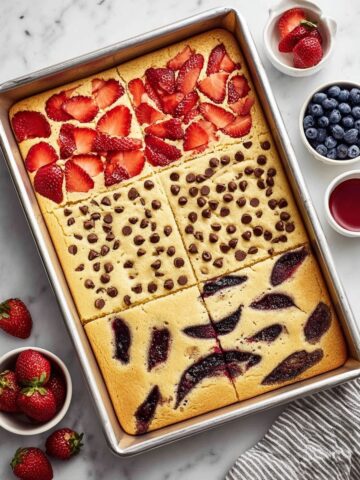 Sheet Pan Pancakes with Fresh Fruit, Chocolate Chips, and Peanut Butter Jam Swirl Recipe