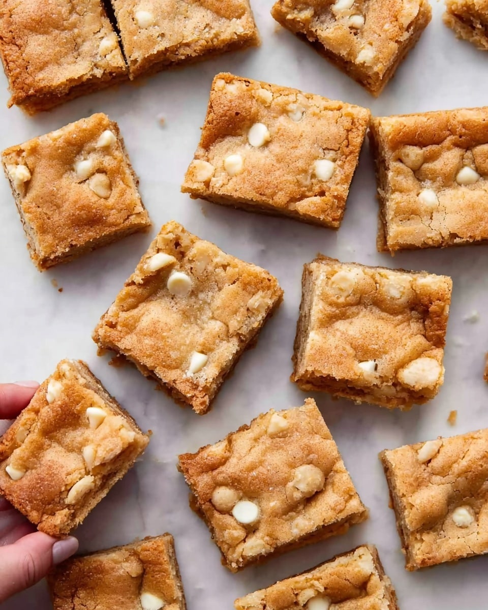 The image shows many square blondies laid out on a white marbled surface, each with a golden brown top layer that looks soft and slightly crispy. The blondies have a smooth texture with white chocolate chips scattered inside and on top, adding small white spots. The edges of each piece are slightly darker, showing a baked crust. One blondie is held by a woman's hand on the left side, showing the thickness of the squares and the soft inner layers. The background is clean and bright, making the blondies stand out nicely. photo taken with an iphone --ar 4:5 --v 7