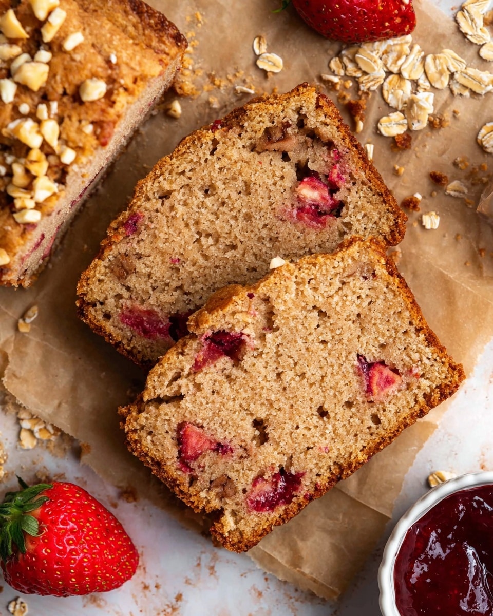 The image shows two slices of soft, light brown bread with a crumbly texture, dotted with pieces of red strawberries inside and sprinkled with small chopped nuts on top. The slices rest on brown parchment paper with scattered oats and crumbs around them. A whole red strawberry is beside the bread on the left side, and a small white bowl with red jam is partly visible in the bottom right corner, all placed on a white marbled surface. photo taken with an iphone --ar 4:5 --v 7