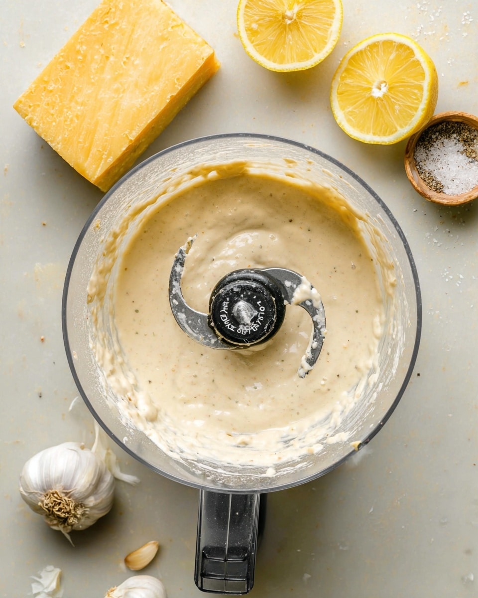 A close-up top view of a clear food processor bowl filled with a thick creamy beige sauce with visible small bits, surrounding a metal blade in the middle. Outside the bowl, on a white marbled surface, there is a block of hard yellow cheese with a rough texture on the left, two halves of a bright yellow lemon on the top right, a small bowl with salt and pepper on the upper right, and two garlic bulbs at the bottom left. The photo taken with an iphone --ar 4:5 --v 7