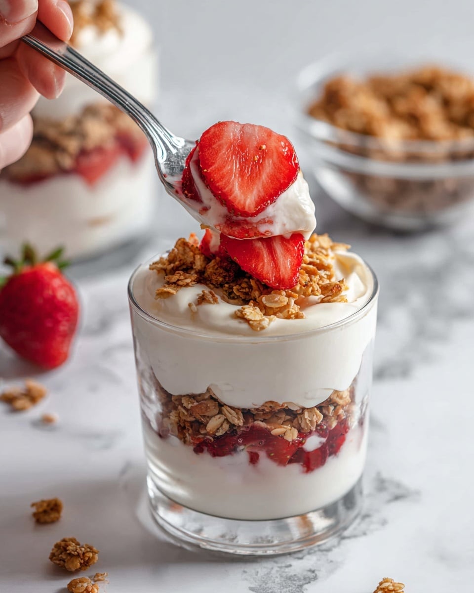 A small clear glass cup shows three layers: the bottom layer is creamy white yogurt, the middle layer is red strawberry pieces mixed with crunchy brown granola, and the top layer is a thick white yogurt spread with granola sprinkled on top. A large strawberry half is placed on the yogurt at the top. A silver spoon held by a woman's hand scoops up yogurt, granola, and a slice of strawberry from the glass. The setting is on a white marbled surface with another glass and bowl of granola blurred in the background. Photo taken with an iphone --ar 4:5 --v 7
