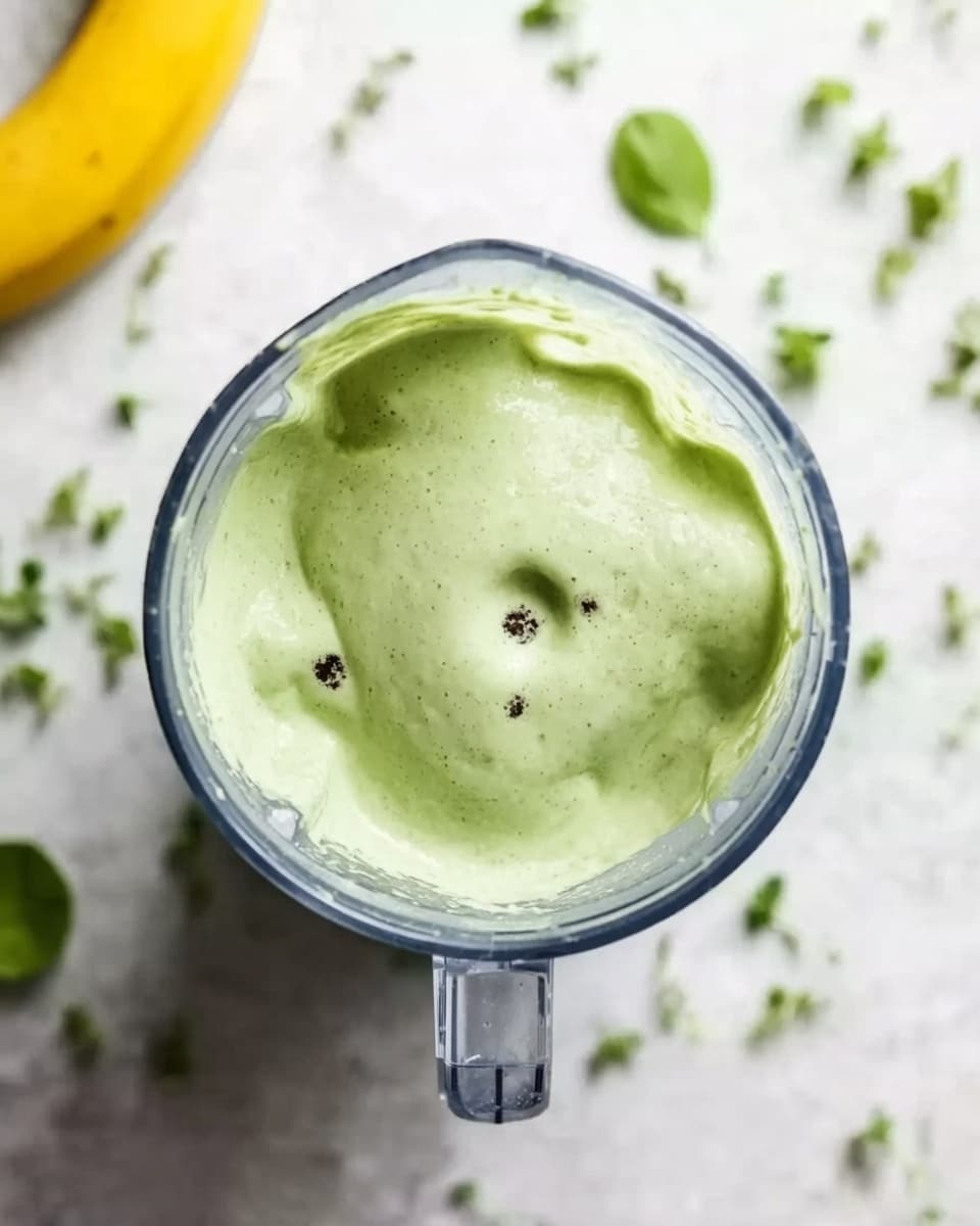 A top view of a blender containing a thick, light green creamy mixture with a smooth texture and a few small darker green spots. The blender jar is transparent and sits on a white marbled surface scattered with small, fresh green herb leaves. Part of a yellow banana is visible near the top left corner of the image. The scene looks clean and bright. photo taken with an iphone --ar 4:5 --v 7