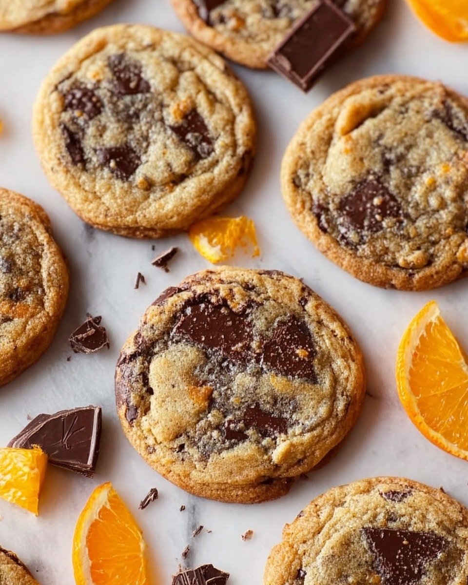 The image shows several round cookies with a golden-brown color and visible dark chocolate chunks on top and inside. The cookies have a slightly cracked texture on the surface, giving a soft and chewy look. Scattered around the cookies are small pieces of dark chocolate and wedges of bright orange, creating a contrast with the cookies’ warm tones. Everything is placed on a white marbled surface. photo taken with an iphone --ar 4:5 --v 7