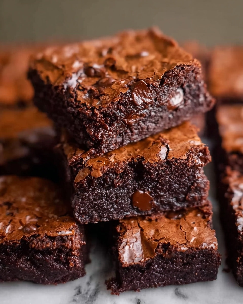 Several thick, square brownies are stacked closely on a white marbled surface, showcasing a rich dark brown color with a slightly shiny, cracked top layer that gives a textured look. One brownie is lifted and balanced on top, showing a moist and dense inside with tiny air pockets and chocolate bits embedded throughout. The edges of the brownies are slightly firmer with a crisp appearance, contrasting with the soft interior. The rich chocolate color dominates, with light reflecting off the slightly cracked crust, creating a warm and inviting feel. Photo taken with an iphone --ar 4:5 --v 7