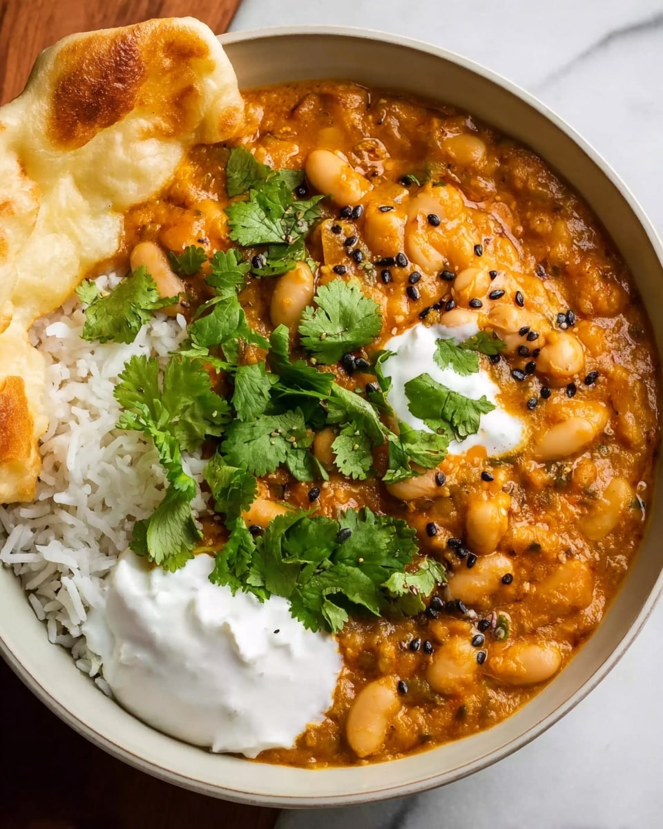 A white bowl filled with a thick orange curry containing large white beans and small black seeds scattered on top. Fresh green cilantro leaves are spread over the curry. On one side, white rice with a fluffy texture is visible, and near it is a large dollop of smooth white yogurt. A piece of crispy, light golden flatbread rests inside the bowl, leaning on the curry. The bowl is on a white marbled surface. photo taken with an iphone --ar 4:5 --v 7