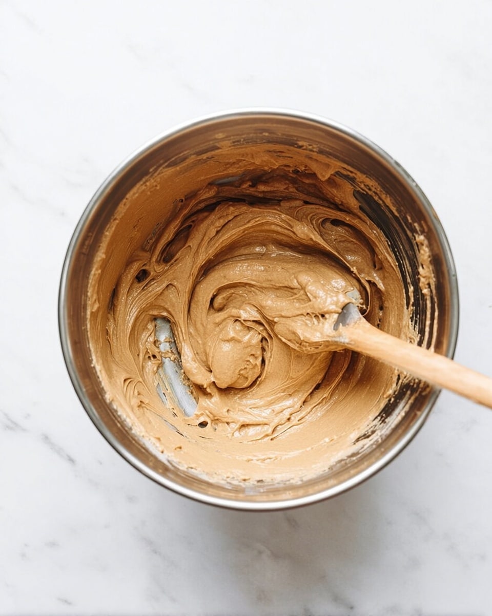 A silver mixing bowl filled with a smooth, light brown creamy batter with a wooden spoon resting inside, partially covered by the batter. The mixture has soft swirls and a thick texture, sticking slightly to the sides of the bowl. The bowl is placed on a white marbled surface. photo taken with an iphone --ar 4:5 --v 7