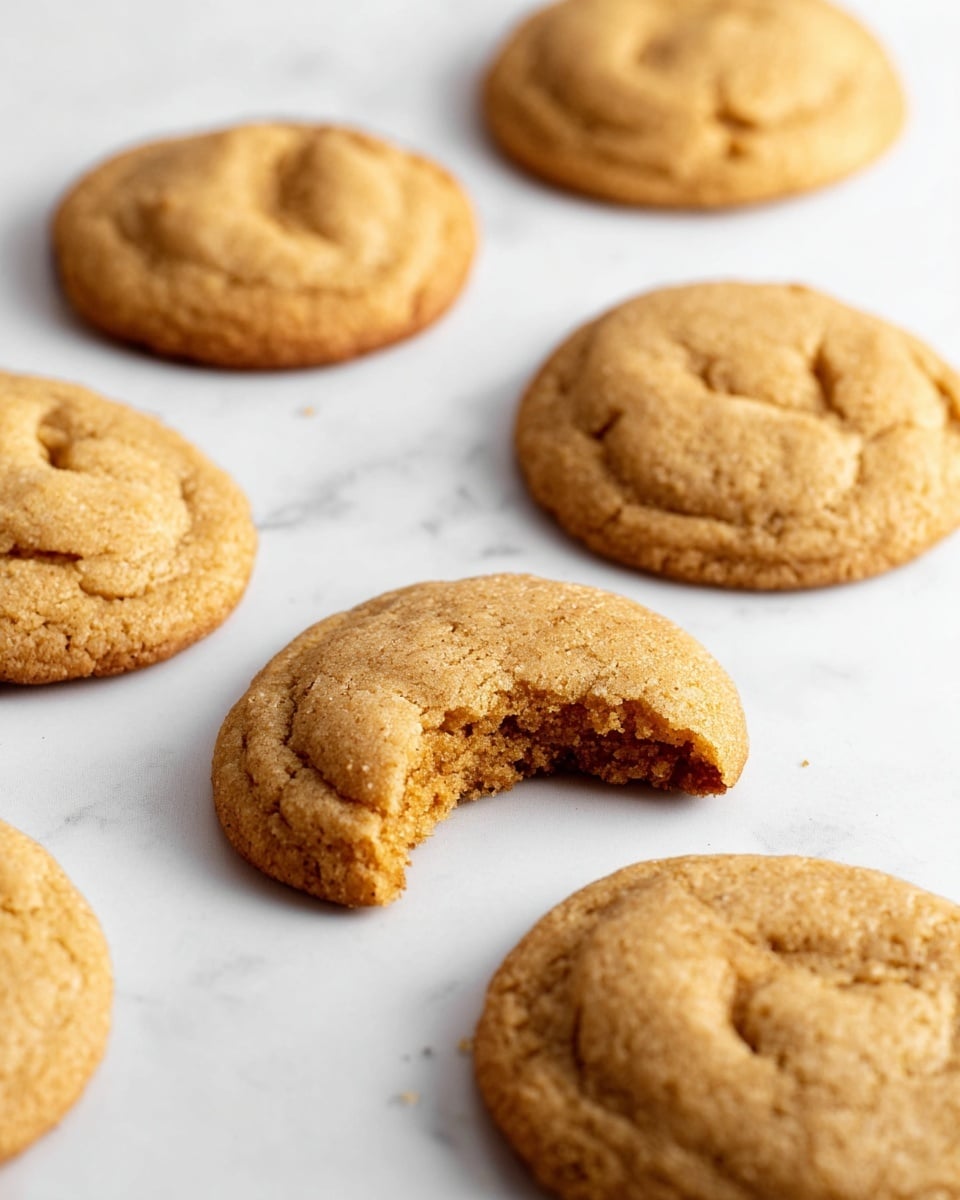The image shows seven soft, golden brown cookies with a slightly rough surface and some small cracks. One cookie in the center has a bite taken out, showing a soft, chewy inside with a light brown color and grainy texture. The cookies are scattered on a white marbled surface, spaced apart with focus on the bitten cookie in the middle, while others appear slightly blurred in the background. photo taken with an iphone --ar 4:5 --v 7