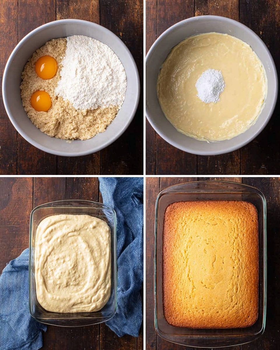 The image is divided into four parts showing the stages of making a dessert. In the top left corner, a white mixing bowl holds ingredients with three visible layers: a crumbly beige base, two orange egg yolks on the right, and a white creamy layer on the top right; the bowl rests on a dark wooden surface. The top right shows the same bowl with a creamy light yellow batter with a small mound of white powder in the center. The bottom left shows a glass tray with pale creamy batter spread smoothly inside, placed on the same dark wooden background with a blue cloth nearby. The final image in the bottom right shows a golden-brown baked dessert with a slightly textured surface in the same glass tray and setting. Photo taken with an iphone --ar 4:5 --v 7