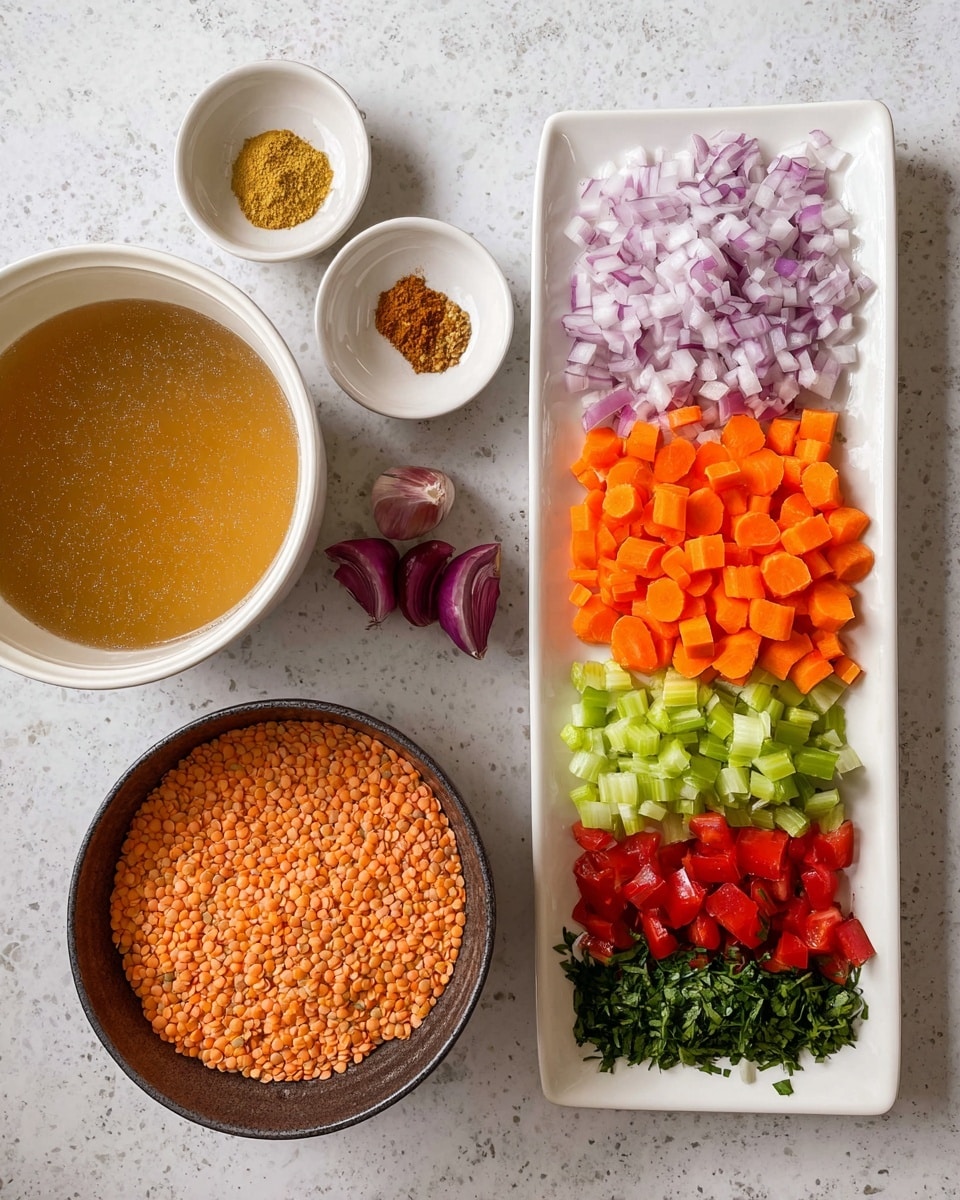 The image shows several white dishes with different ingredients arranged neatly on a white marbled surface. On the right side, a white rectangular plate has five layers of chopped vegetables in rows: at the top, finely chopped light purple onions; below, bright orange carrot slices; next, light green celery pieces; then, red diced tomatoes; and at the bottom, dark green chopped herbs. To the left of this plate, there is a white bowl filled with light brown broth. Below, a dark bowl holds a layer of small, round orange lentils. At the top, two small white bowls contain spices and garlic cloves, with one holding a mound of yellow and brown spices, and the other holding two purple garlic cloves. The arrangement is clean and colorful. photo taken with an iphone --ar 4:5 --v 7
