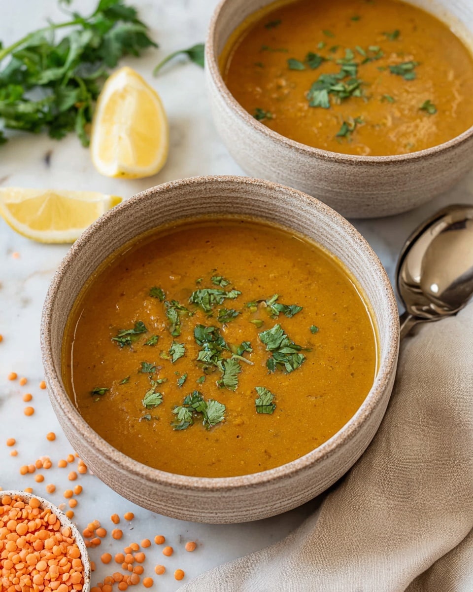 Two bowls with a light brown textured surface are filled with thick orange-brown soup. The soup has a smooth texture and is topped with small green cilantro leaves scattered on the surface. The bowls are placed on a white marbled surface with some orange lentils and two lemon wedges nearby. A silver spoon is partially visible next to one of the bowls, and a beige cloth is draped beside the bowl in the foreground. Photo taken with an iphone --ar 4:5 --v 7