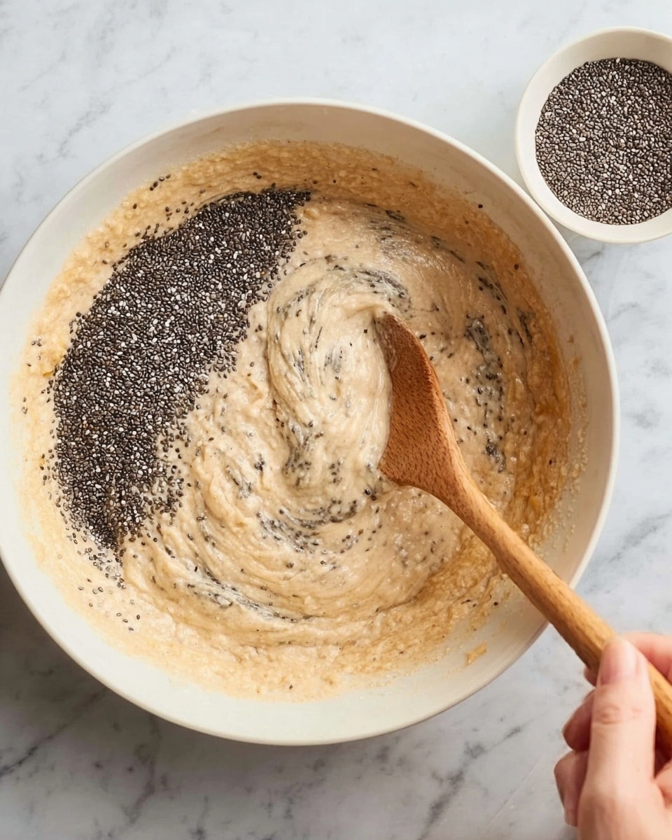 A white bowl filled with a creamy, light beige mixture with a slightly lumpy texture is shown in two stages. In the first stage, a pile of small, black chia seeds is on top of the mixture on the left side, and a wooden spoon is resting inside the bowl. A woman's hand holds a small white bowl filled with more chia seeds above the larger bowl. In the second stage, the chia seeds are partly stirred into the mixture by the wooden spoon, which a woman's hand holds, creating distinctive swirls with contrasting black seeds in the creamy base. The scene is set on a white marbled surface. Photo taken with an iphone --ar 4:5 --v 7