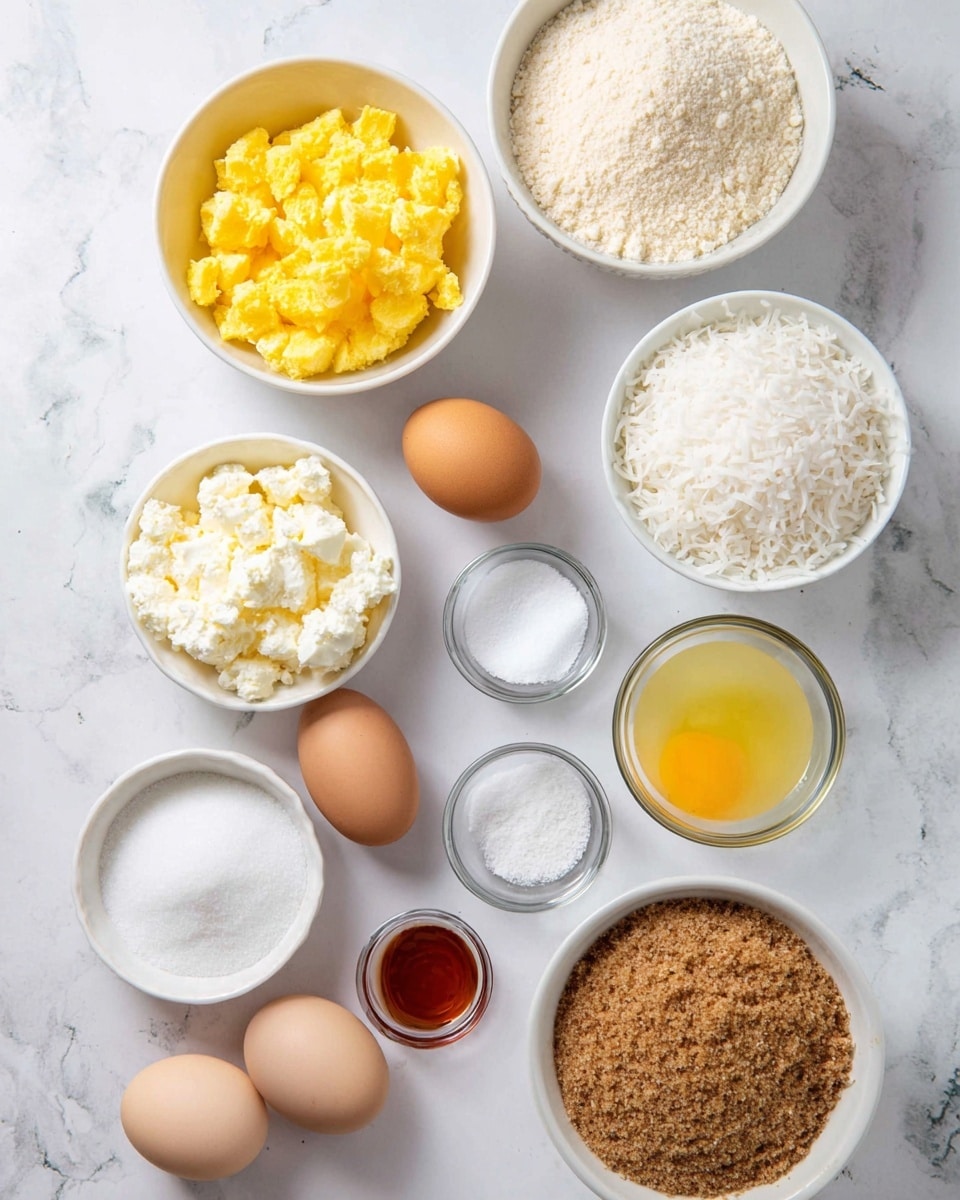 The image shows nine white bowls and two whole eggs arranged on a white marbled surface. At the top left is a bowl filled with bright yellow chopped pieces. To the right is a bowl full of light beige powder. Below the yellow pieces is a bowl containing white cottage cheese. Next to it on the right is a bowl filled with what looks like shredded white coconut. Below the coconut bowl is a bowl with a yellowish liquid. At the bottom right, a bowl is filled with a brown grainy substance. To the left of the brown bowl, three small glass bowls hold white powder, white granulated sugar, and coarse salt respectively. A small glass bowl with a reddish-brown liquid is placed near the center close to two brown eggs. The items are neatly spaced and all placed against the clean marbled white surface. photo taken with an iphone --ar 4:5 --v 7