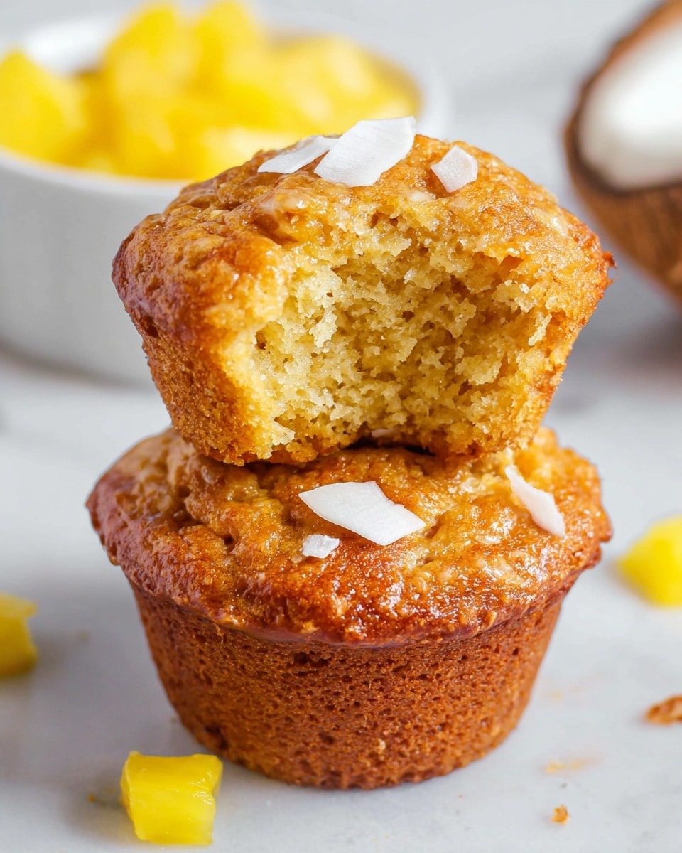 Two golden brown muffins stacked on a white marbled surface. The top muffin has a bite taken out of it, showing a soft, textured inside with a light yellow color. Both muffins have small white flakes sprinkled on top, with two slivers of white coconut on the top muffin. Around the muffins, small chunks of yellow pineapple are scattered. In the background, a white bowl filled with yellow pineapple pieces is partially visible. Photo taken with an iphone --ar 4:5 --v 7
