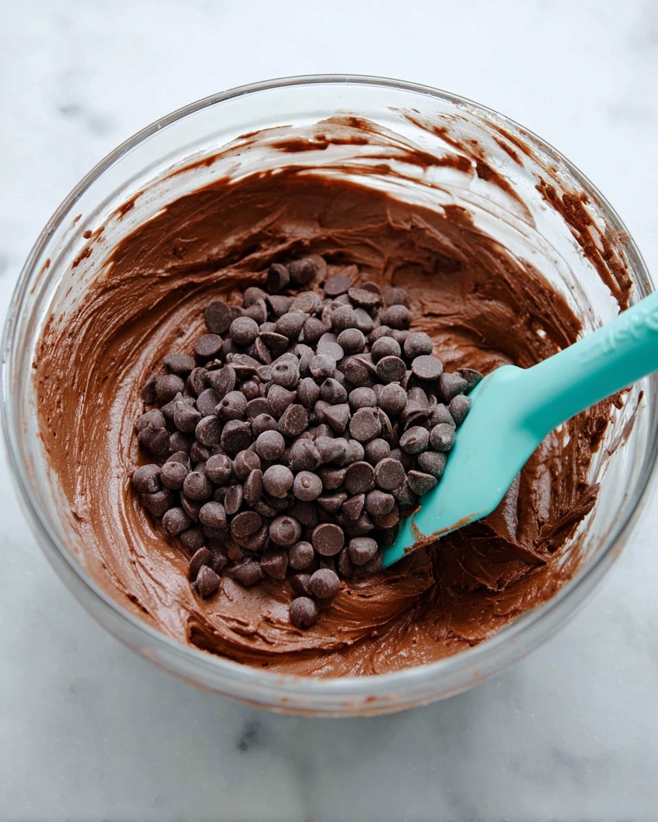 A clear glass bowl filled with thick, smooth chocolate batter, dark brown in color, with a generous pile of semi-sweet chocolate chips sitting on top in the center. A teal silicone spatula rests inside the bowl on the right side, slightly covered with the chocolate mixture. The bowl is placed on a white marbled surface, and some chocolate batter marks are visible on the inner sides of the bowl's rim. photo taken with an iphone --ar 4:5 --v 7