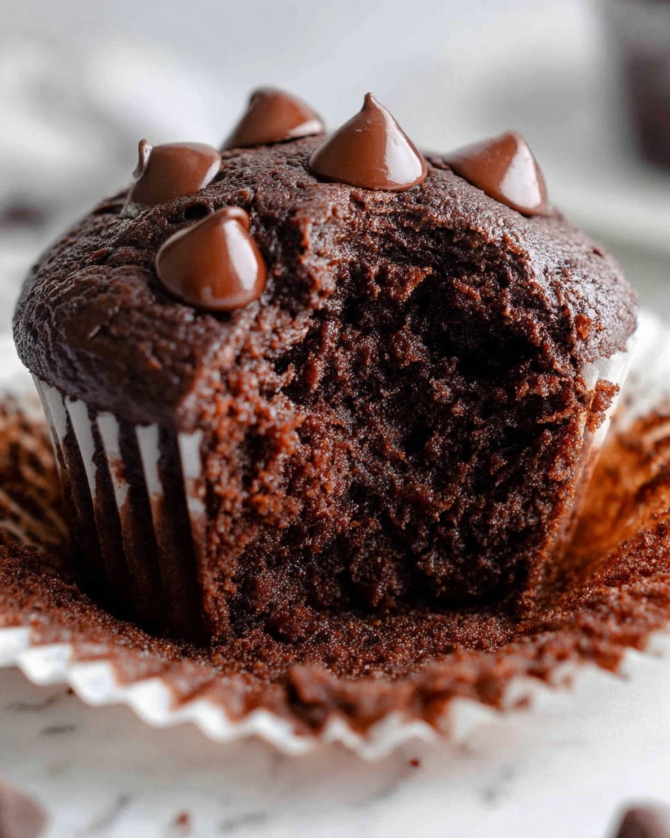 A close-up view of a chocolate muffin with a bite taken out of it, showing a dark, moist, and crumbly interior filled with melted chocolate chips. The top layer is darker with smooth, shiny chocolate chips embedded on the surface. The muffin is sitting on a white cupcake liner, with crumbs scattered around it. The background has a white marbled texture, softly blurred to keep the focus on the muffin. photo taken with an iphone --ar 4:5 --v 7