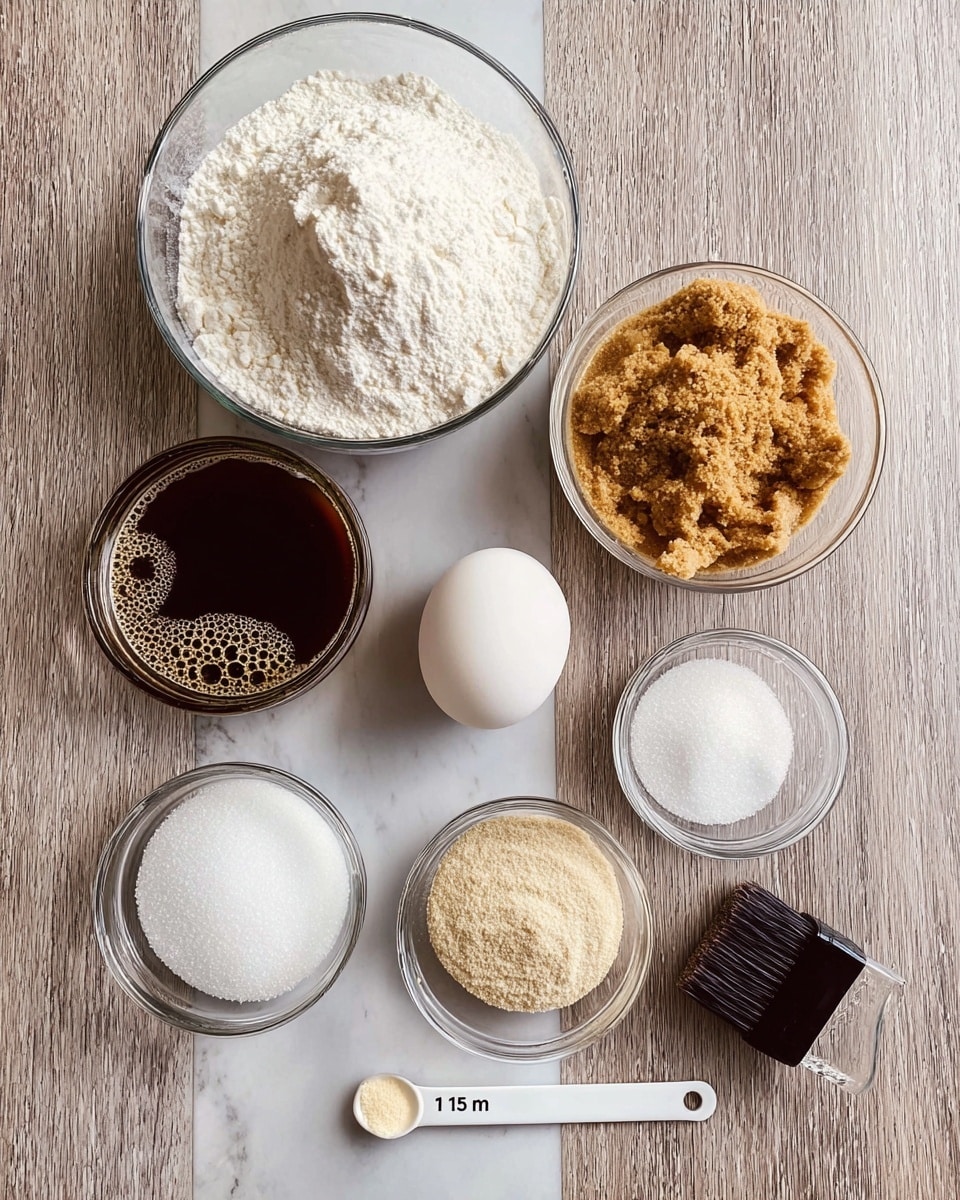 The image shows seven small clear glass bowls and one white measuring spoon on a white marbled surface. At the top is a large bowl filled with white flour. To its right is a bowl with light brown sugar that looks crumbly. Below the flour bowl, on the left, is a bowl of dark brown liquid with foam on top. To the right of this is a bowl with white granulated sugar. Below these, on the left, is an empty glass bowl. Next to it, in the center, is one white egg. To the right of the egg is a bowl with small piles of different powders in white and light brown colors. At the bottom right is a small dark brown brush with a black handle. A white measuring spoon with
