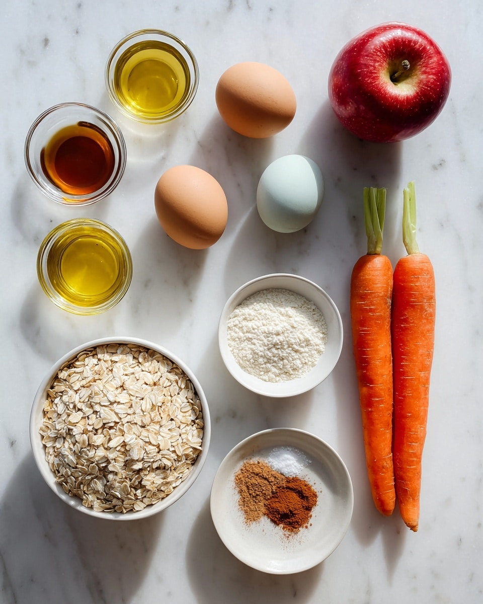 The image shows ingredients arranged on a white marbled surface. There is one red apple at the top right, one bright orange carrot with a green top on the bottom right, and three eggs in the middle left area, one light blue and two brown. A white bowl filled with light beige rolled oats is placed at the bottom left. Around these items, there are small glass bowls holding light yellow oil, a dark brown liquid, white milk, and golden honey. A white plate holds three small piles of white flour, white salt, and reddish-brown cinnamon powder. The layout is clean and organized with natural light highlighting the colors and textures. photo taken with an iphone --ar 4:5 --v 7