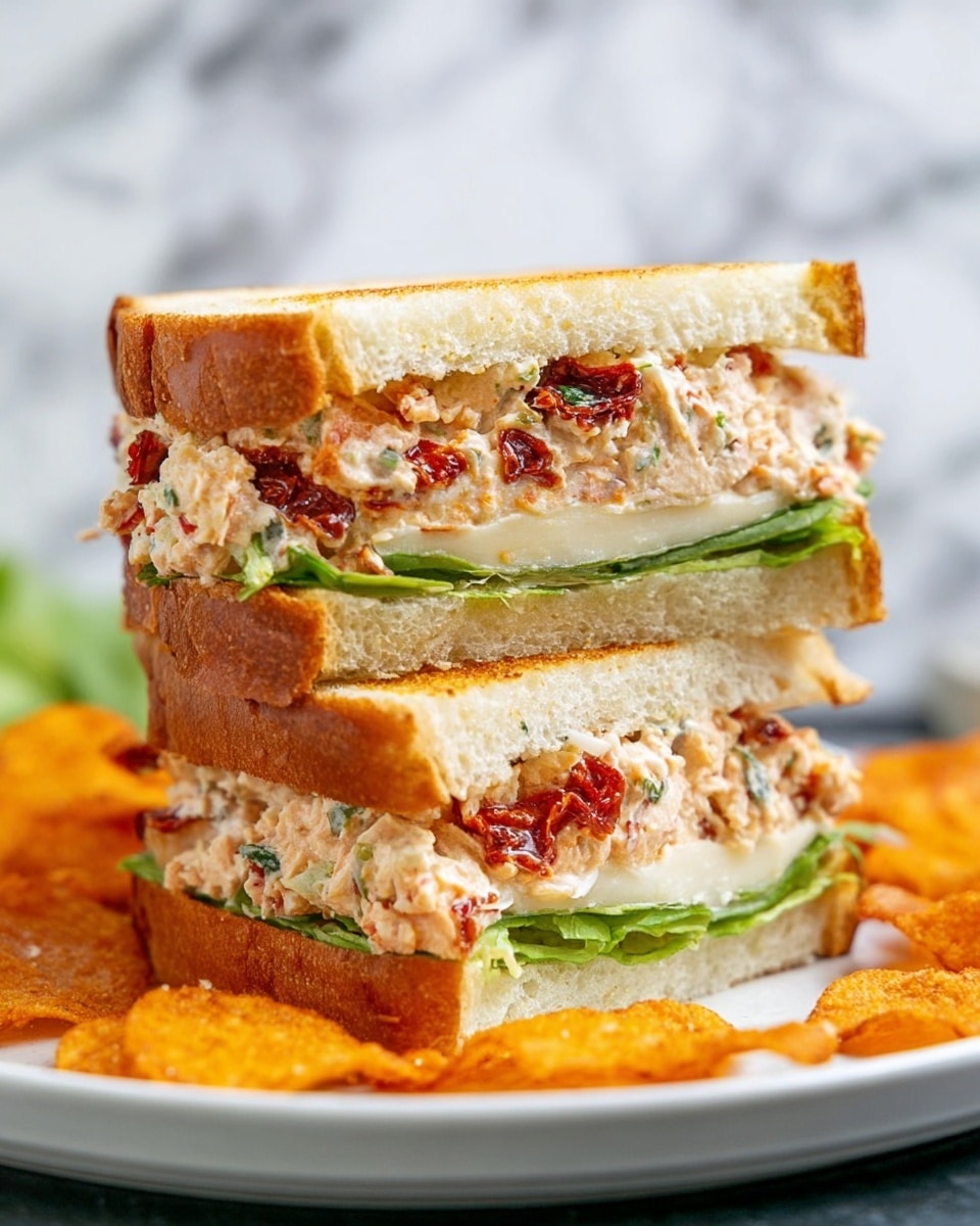 The image shows a thick sandwich cut in half and stacked on a white plate. The sandwich has three layers of soft toasted bread with a light golden crust. Between the bread layers, there are two thick fillings: a creamy mixture with red bits, likely sun-dried tomatoes and green herbs, and a smooth white cheese slice. There is also a layer of green lettuce adding color contrast. Around the plate, there are broken pieces of orange crispy chips. The background has a white marbled texture. Photo taken with an iphone --ar 4:5 --v 7