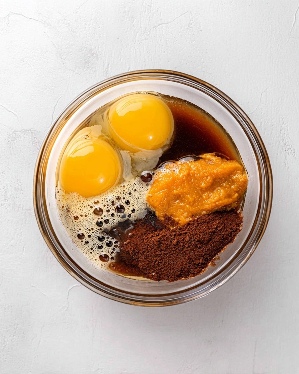 A clear glass bowl sits on a white marbled surface, holding five different layers of ingredients. On the left side, there are two bright yellow egg yolks surrounded by clear egg whites with some bubbles on top. Next to the eggs, a dark brown liquid fills most of the bowl creating a thin layer. On the right side of the bowl, there is a thick bright orange layer with a chunky texture, beside a finely ground dark brown powdery layer that fills roughly a quarter of the bowl. The ingredients are evenly spaced but not mixed. Photo taken with an iphone --ar 4:5 --v 7