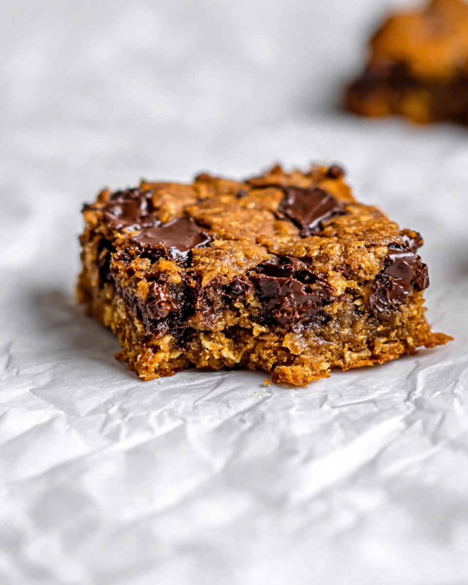 A thick, square bar of oatmeal chocolate chip cookie sits on crinkled white parchment paper over a white marbled surface. The bar has two visible layers of dense, soft baked oats with a rough texture and plenty of dark chocolate chunks embedded within and slightly melted on top. The edges are uneven, showing a bite taken from one corner, revealing the chewy, moist inside with more chocolate pieces. The overall color is golden brown with darker chocolate spots scattered unevenly. Photo taken with an iphone --ar 4:5 --v 7