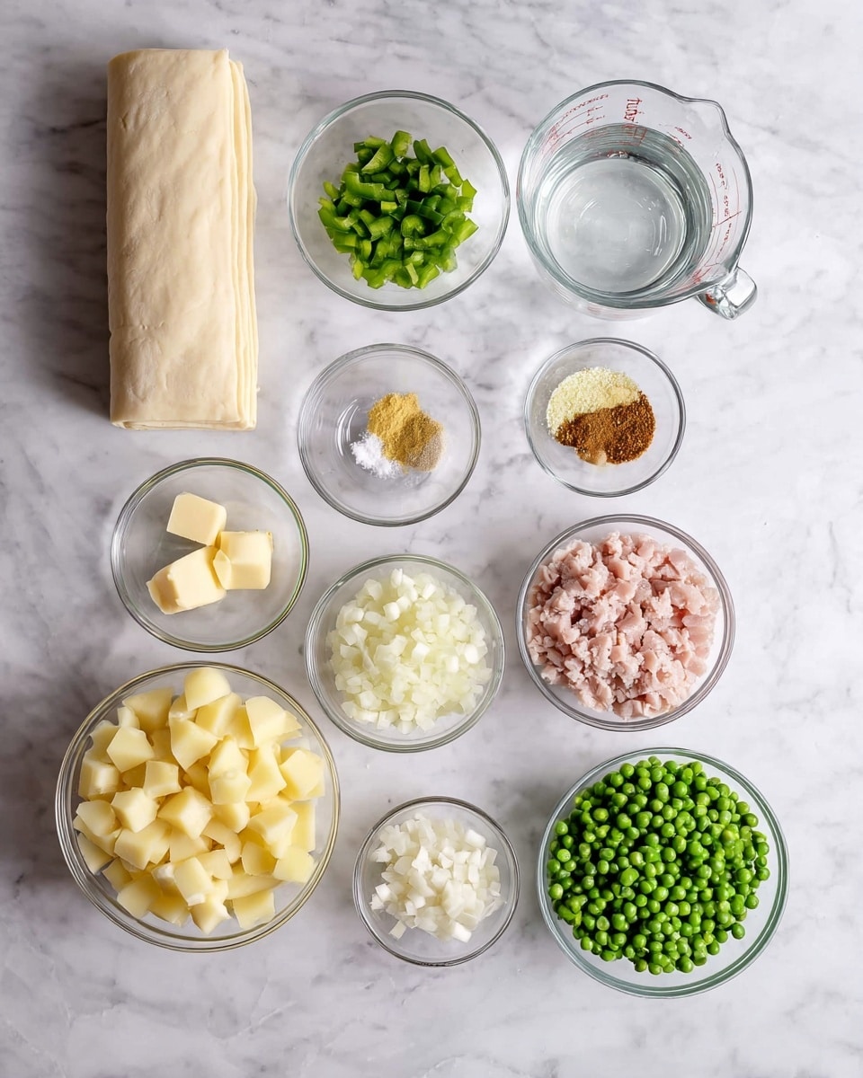 The image shows several clear glass bowls placed on a white marbled surface, each holding different ingredients for a recipe. Starting from the left, there's a long sheet of folded dough beside a glass measuring cup filled with clear water. In the top row, from left to right, there are bowls with chopped green bell peppers, chopped green herbs, salt, minced garlic, and a yellowish spice. Below these are a bowl with a brown spice, a bowl with two small slices of pale yellow butter, and a bowl of small white chopped onions. In the bottom row, on the left, is a bowl with diced pale yellow potatoes, to its right there is a bowl filled with light pink minced meat, and next to it is a bowl filled with bright green peas. The arrangement is neat and well spaced. photo taken with an iphone --ar 4:5 --v 7