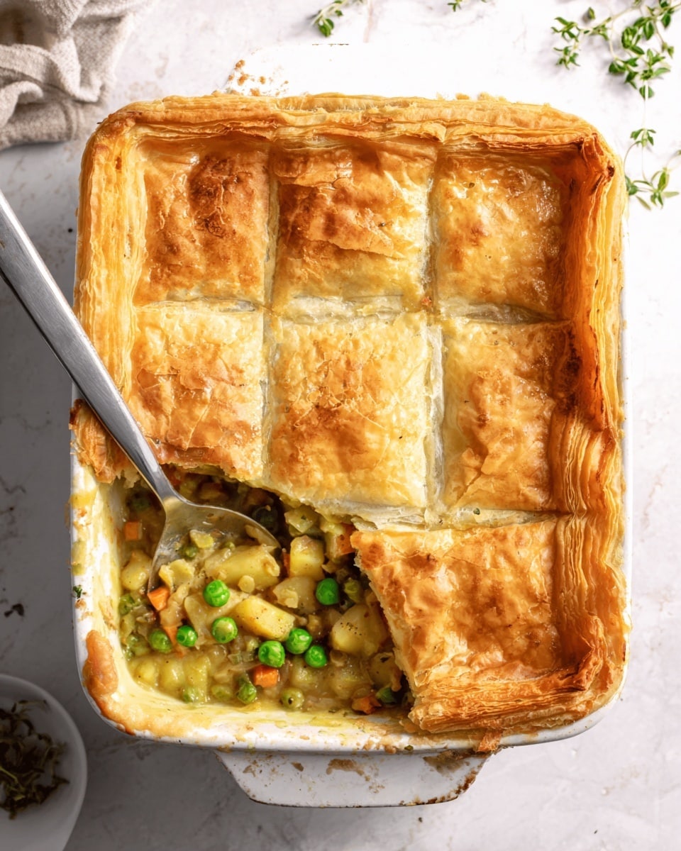A square white baking dish filled with a pie that has a golden brown, flaky top crust in six rectangular sections. The crust is crisp and slightly shiny from baking, with one section being lifted up by a metal pie server, revealing a filling of peas, diced potatoes, and small chunks mixed in a light sauce with a greenish-yellow color underneath. The dish sits on a white marbled surface with a small sprig of green herbs nearby. Photo taken with an iphone --ar 4:5 --v 7
