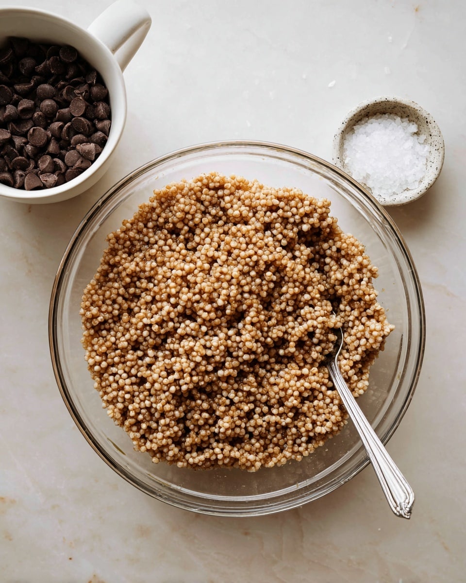 A clear glass bowl filled with a single large layer of light brown, small round puffed grains mixed with a sticky syrup, creating a textured clumped appearance. A silver spoon rests inside the bowl on the right side, partially lifting the mix. To the upper left of the bowl, there is a white mug filled with dark brown chocolate chips, and inside the mug sits a small white bowl containing coarse white salt. All items are placed on a white marbled surface. photo taken with an iphone --ar 4:5 --v 7