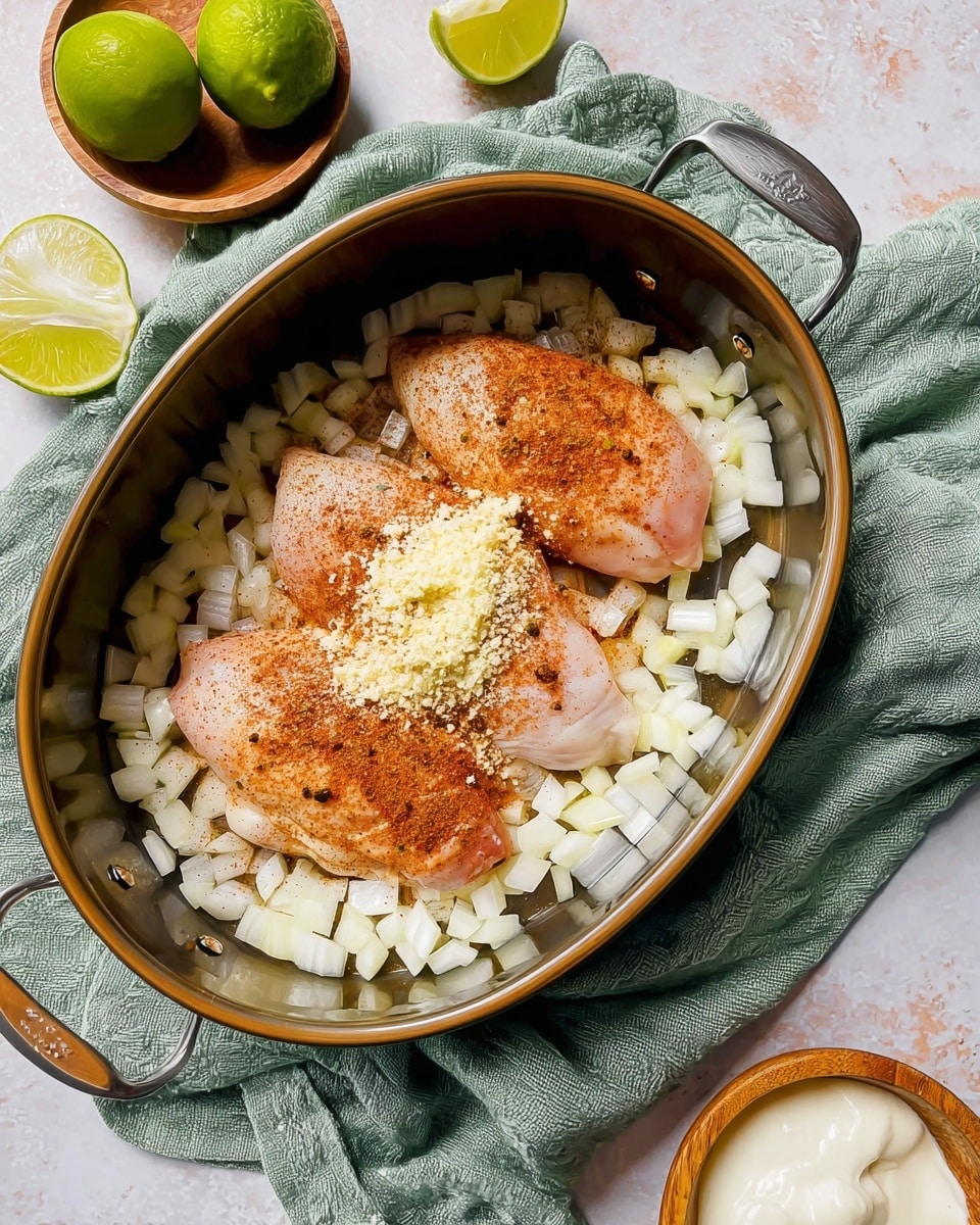 Inside a shiny dark baking pan, there are three raw chicken pieces placed in the center, covered with a mix of light brown and red spices sprinkled evenly over them. Around the chicken, small white onion pieces are spread evenly in a single layer, surrounding the chicken like a border. On top of the chicken near the center, finely grated pale yellow garlic is added. The pan sits on a green linen cloth, with two half-cut green limes placed on a white marbled surface next to it. Nearby, a wooden bowl with a creamy white mixture and a small white bowl with yogurt-like texture are in the background. Photo taken with an iphone --ar 4:5 --v 7