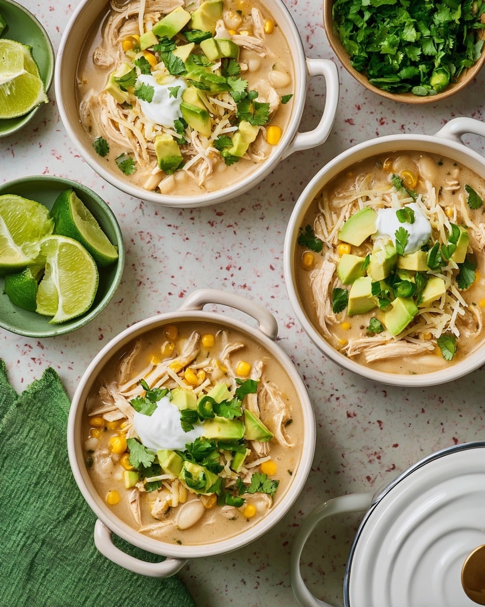 Three white bowls with handles filled with creamy soup, each showing layers of shredded light tan chicken, white beans, yellow corn kernels, and green cilantro leaves in light beige broth. On top of each bowl is a layer of shredded white cheese, chunky pieces of green avocado, chopped bright green bell peppers, and a small dollop of white cream. Around the bowls on a white marbled surface are small bowls with extra chopped green bell peppers, leafy green cilantro, and lime slices. A green cloth is placed near the bottom left with a partially visible white pot lid. Photo taken with an iphone --ar 4:5 --v 7
