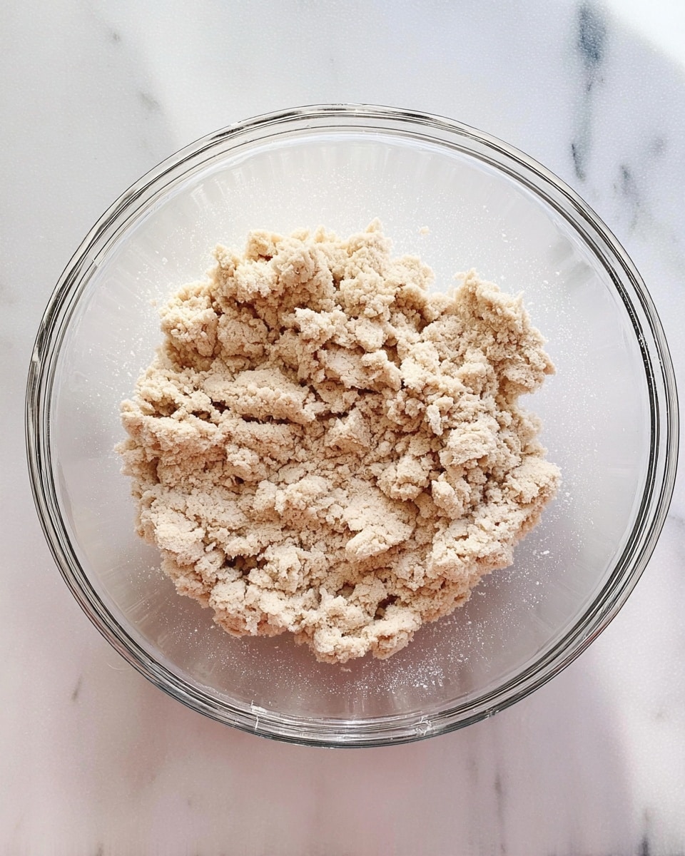 A clear glass bowl holds a single layer of crumbly, light beige dough mixture with a rough texture, sitting on a white marbled surface. The dough looks dry and unevenly mixed, with small clumps and larger pieces scattered inside the bowl. photo taken with an iphone --ar 4:5 --v 7