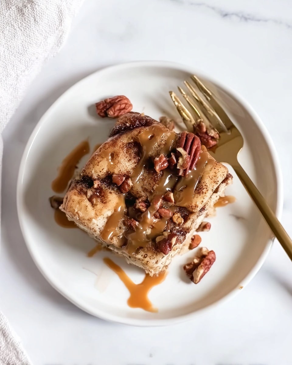 The image shows a square piece of cinnamon roll topped with a drizzle of caramel sauce and scattered pecans on top. The cinnamon roll has a light brown color with darker cinnamon swirls visible on its soft texture. The caramel sauce is golden and glossy, unevenly spreading across the top. The pecans add a rough texture and a darker brown color, scattered mostly on top and some falling off onto the white plate. The plate itself is plain white and sits on a white marbled surface. A gold fork with a shiny finish is placed to the upper right side of the plate, adding a touch of elegance. Photo taken with an iphone --ar 4:5 --v 7