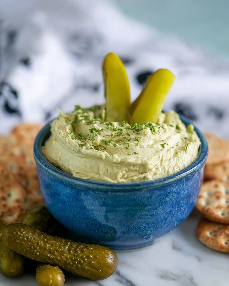 A blue ceramic bowl filled with a thick, creamy light green spread topped with small sprinkles of green herbs is placed on a white marbled surface. Two bright green pickle slices stand upright in the spread, creating a height contrast. Around the bowl, there are whole small pickles with a bumpy texture and light brown crackers scattered casually. In the background, a white cloth with black patterns is softly blurred. Photo taken with an iphone --ar 4:5 --v 7