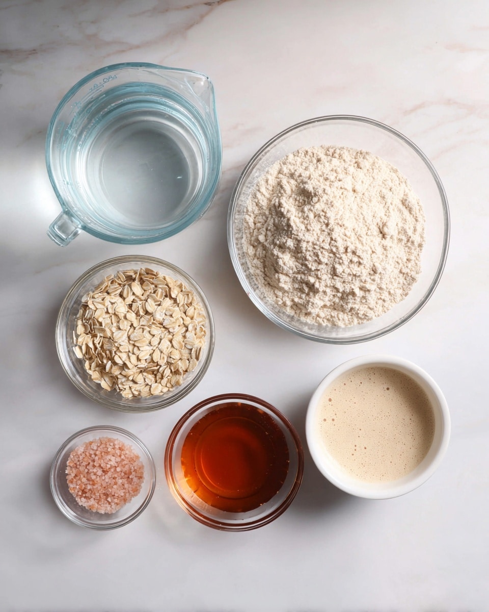 A clear glass bowl filled with light beige flour is placed near the center on a white marbled surface. To the left of it, a transparent glass measuring cup holds clear water. Below the water, a small clear glass bowl contains light brown rolled oats. To the right of the oats, a white small bowl holds a light beige foamy liquid that looks like yeast mixture. Next to it, a small clear glass bowl is filled with dark amber honey. Lastly, a tiny clear glass bowl at the bottom left contains fine pink salt. The overall setup is neat and organized with a soft natural light highlighting the textures and colors of the ingredients. Photo taken with an iphone --ar 4:5 --v 7