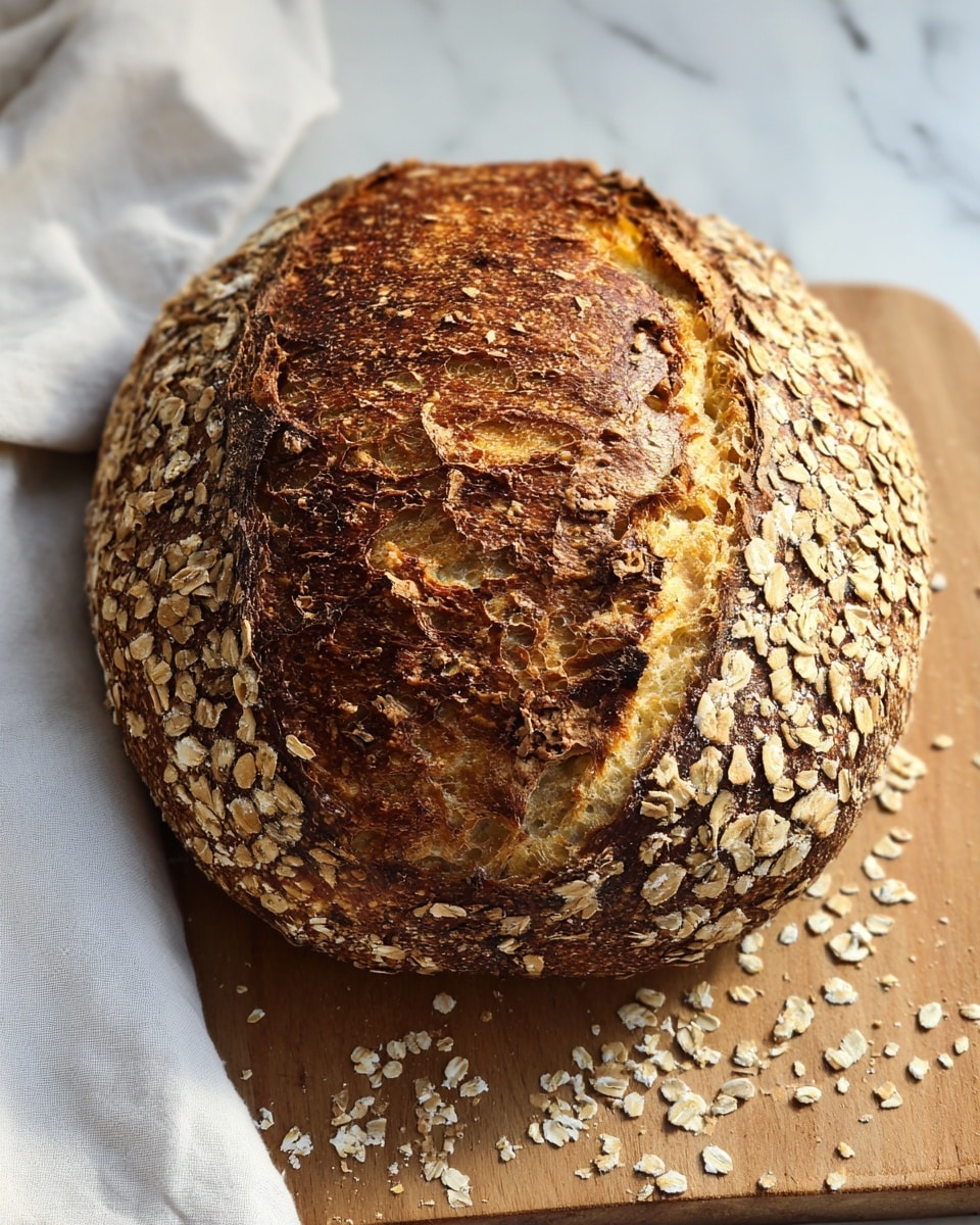 A round loaf of bread with a thick, golden-brown crust is shown resting on a wooden board. The top layer of the bread is dark brown with toasted, crackled textures, and some parts are raised with a rough surface. The outer edge is coated with light beige rolled oats, adding a coarse texture to the sides. Scattered oats lie on the board around the bread. Part of a white cloth drapes over the corner of the wooden board, and a white marbled surface is visible beneath. Photo taken with an iphone --ar 4:5 --v 7