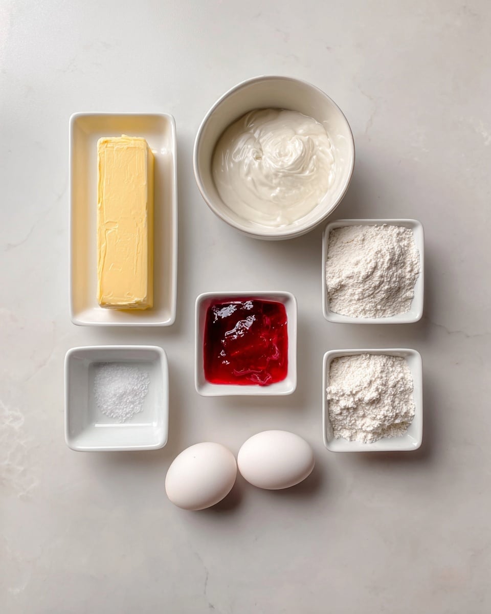 The image shows seven white dishes and two whole white eggs arranged neatly on a white marbled surface. From left to right, there is a rectangular white dish holding a block of yellow butter, a round white bowl with a thick white creamy mixture, a small square white dish with bright red jelly, a square white dish filled with white flour, two small square white dishes with a small pinch of white salt and a small pile of coarse salt, and two white eggs placed close together in the center bottom area. The overall look is clean and organized with a soft natural light. photo taken with an iphone --ar 4:5 --v 7