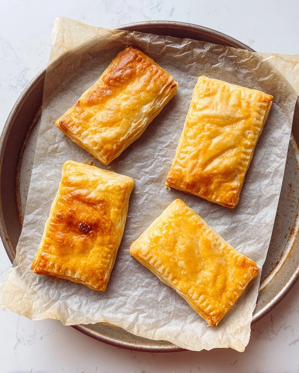 Four small rectangular pastries are placed on a round baking pan lined with crinkled parchment paper. Each pastry has a golden-brown top with a flaky and slightly puffed texture, some showing more browning than others, and edges have a pinched pattern. The pastries are arranged with spacing between them, displaying their flaky layers clearly on the white marbled textured surface around the pan. photo taken with an iphone --ar 4:5 --v 7