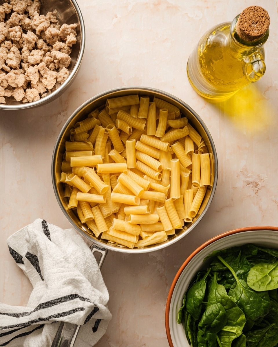 The image shows a cooking scene with three main parts: in the center, there is a silver pan filled with dry yellow tubular pasta, each piece hollow and smooth; to the top left, a silver bowl contains small chunks of beige cooked meat with a crumbly texture; at the bottom right, a white bowl with a brown rim is filled with fresh dark green spinach leaves that look fresh and crisp. A white cloth with black stripes is draped over the handle of the pan, and at the top right sits a glass bottle filled with golden yellow olive oil, sealed with a cork. All these items rest on a surface with a white marbled texture. photo taken with an iphone --ar 4:5 --v 7