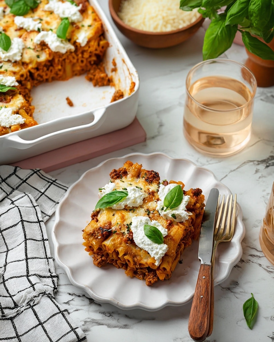 The image shows a serving of baked pasta with three visible layers. The bottom layer is a dense, cooked pasta mixed with a reddish-brown sauce and ground meat, giving it a textured look. The middle layer consists of melted, light beige cheese that is slightly browned in spots, adding a smooth texture. The top layer has dollops of white ricotta cheese scattered over the pasta, topped with fresh green basil leaves. A white plate with a scalloped edge holds a square serving of the pasta, with a fork and knife placed side by side to the right of the plate. The background is a white marbled surface, with a white baking dish holding the rest of the pasta on the upper left, a glass of light-colored drink on the right, and some fresh basil leaves nearby. A wooden bowl with grated cheese and a checkered white and black cloth napkin are partially visible. Photo taken with an iphone --ar 4:5 --v 7