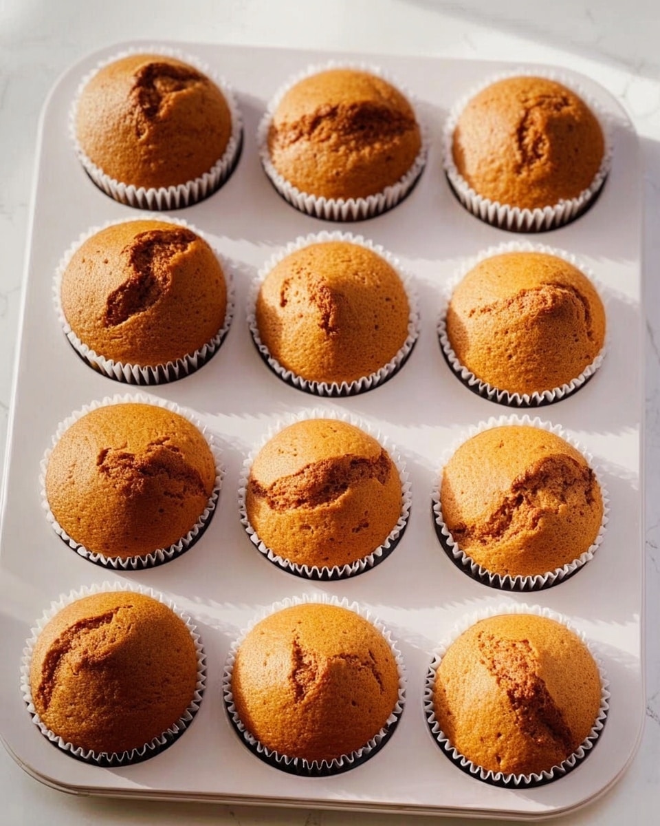 A white muffin tray filled with 12 golden brown cupcakes, each sitting in white paper liners. The cupcakes have slightly cracked tops showing a soft and fluffy texture inside. The tray rests on a white marbled surface. The lighting highlights the warm tones of the cupcakes, making them look freshly baked and inviting. photo taken with an iphone --ar 4:5 --v 7