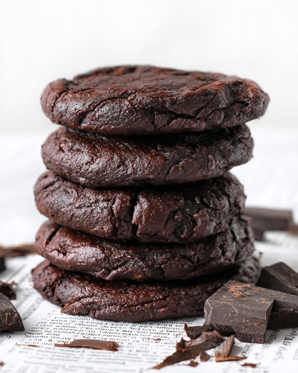 A stack of five thick, dark brown chocolate cookies with a rich, slightly cracked texture is placed on a white marbled surface covered with newspaper print. Around the base of the stack, there are irregular chunks of dark chocolate scattered. The cookies look dense and soft with a moist appearance, and the photo is taken very close, showing detailed creases and folds on the cookies' surface. The background is plain and light, emphasizing the dark cookies. photo taken with an iphone --ar 4:5 --v 7