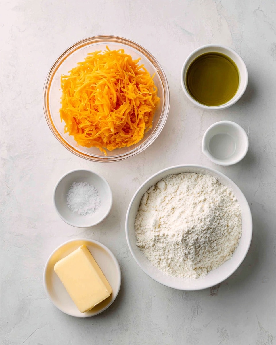 This image shows six small white bowls arranged on a white marbled surface. The largest bowl at the bottom right is filled with white flour, showing a soft powdery texture. To its top left, a medium clear glass bowl contains bright orange shredded cheddar cheese with a layered texture. Above the flour bowl to the right, there are two small white bowls: one filled with a greenish-yellow liquid, likely olive oil, and the other empty. Below the shredded cheese bowl to the left, a tiny clear bowl holds coarse white salt. At the bottom left, a small white bowl contains a rectangular pale yellow stick of butter with a smooth surface. photo taken with an iphone --ar 4:5 --v 7
