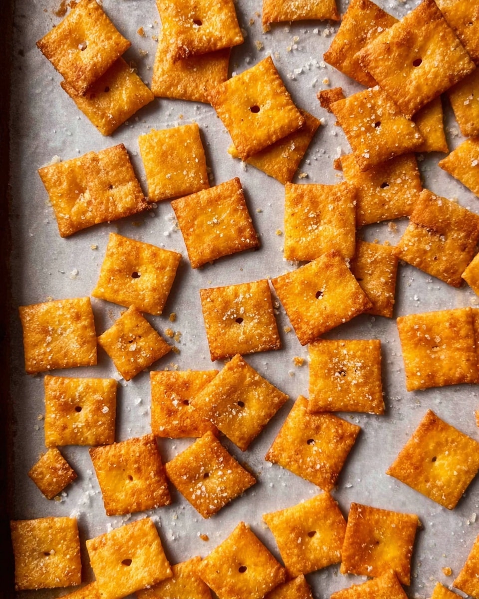 The image shows many small square crackers spread on a sheet of parchment paper on a baking tray. The crackers are golden orange with a slightly rough texture, some darker toasted edges, and sprinkled with coarse salt on top. Each cracker has a small hole in the center. The baking tray edges are visible, and the background is a white marbled texture. photo taken with an iphone --ar 4:5 --v 7
