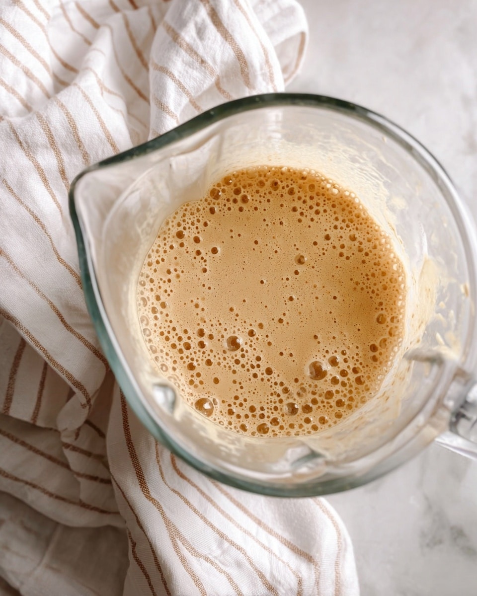 A clear glass blender jug filled halfway with a thick, light brown creamy mixture that has many small bubbles on the surface, sitting on a white marbled surface next to a white cloth with light brown stripes. The mixture appears smooth and frothy, with a slightly shiny texture. Photo taken with an iphone --ar 4:5 --v 7