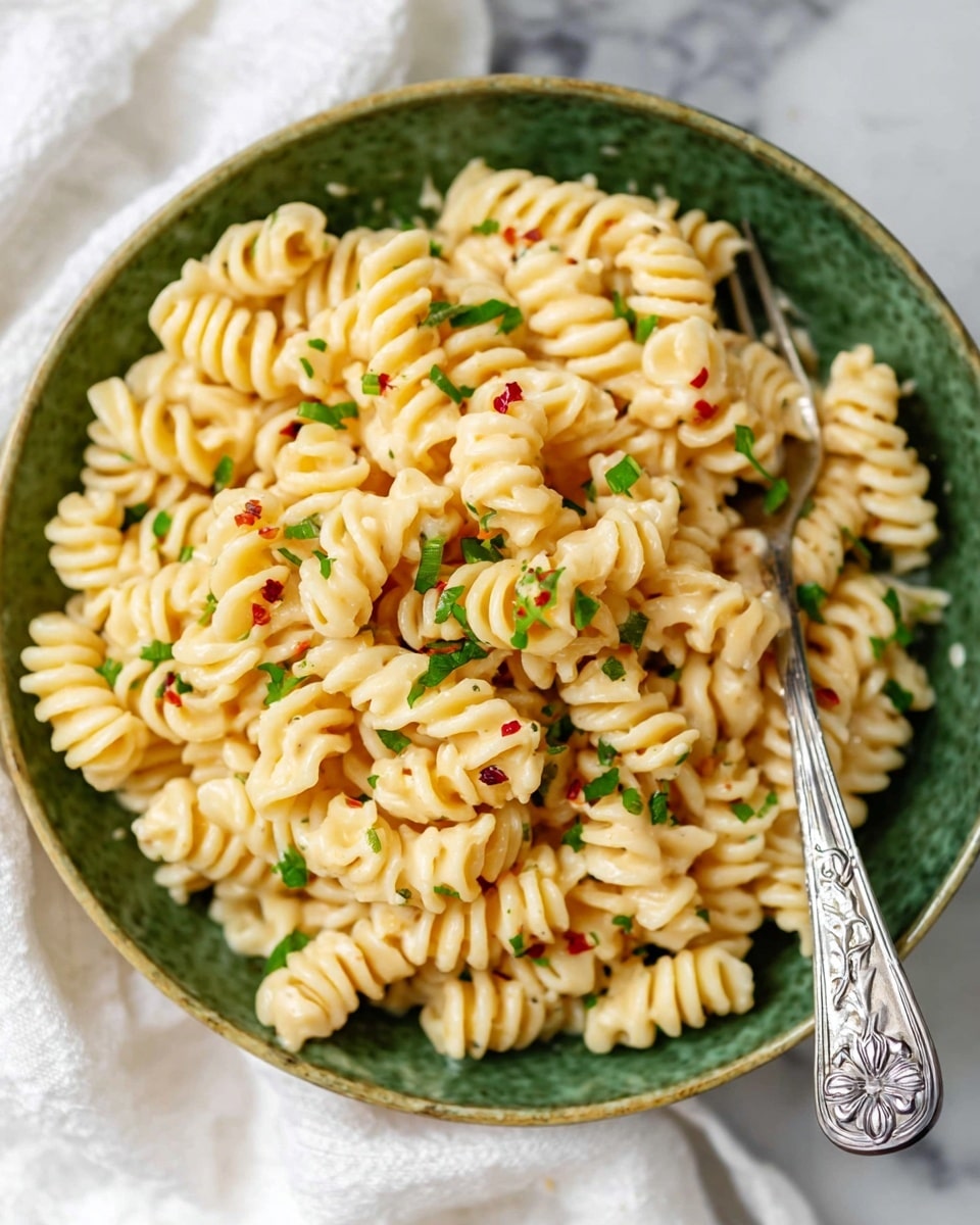A close-up of a green ceramic bowl filled with creamy, light yellow rotini pasta. The pasta pieces are tightly wound and coated in a smooth sauce, sprinkled evenly throughout with small, bright green chopped herbs and tiny red chili flakes, adding contrast and texture. A silver fork with a floral pattern lies inside the bowl on the right side. The bowl is placed on a white marbled surface with a soft white cloth nearby. Photo taken with an iphone --ar 4:5 --v 7