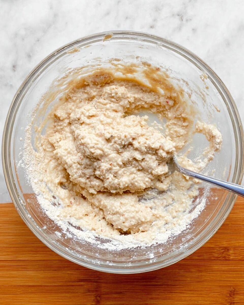 A clear glass bowl sits on a white marbled surface filled with thick, light beige batter mixed with small chunks, giving it a rough texture. The batter shows some patches of dry flour around the edges, and a silver spoon is partly submerged in the mixture on the right side. The batter looks creamy but with some lumps and uneven areas, showing it is still being mixed. Photo taken with an iphone --ar 4:5 --v 7