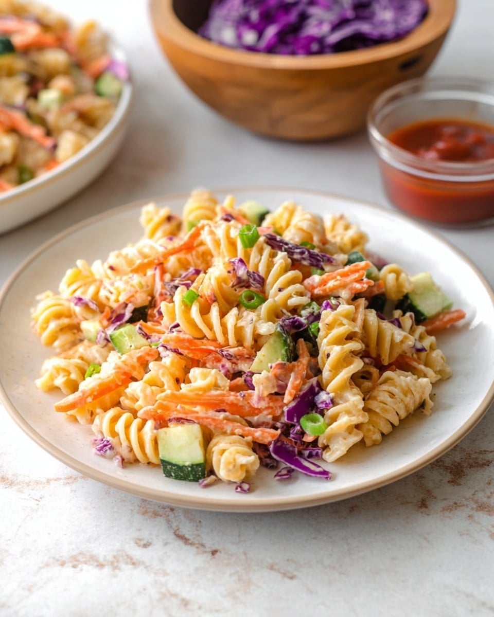 A close-up of a white plate filled with rotini pasta salad mixed with bright orange carrot strips, small cubes of green zucchini, and pieces of purple cabbage, all coated in a light creamy sauce. Green onion slices are scattered throughout the salad, adding small pops of green on top. The plate sits on a white marbled surface with a wooden bowl filled with purple cabbage and a small glass bowl of red sauce visible in the background. Photo taken with an iphone --ar 4:5 --v 7