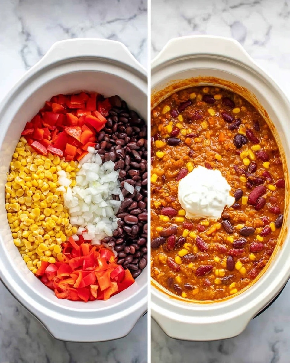 The image shows two views of the same white slow cooker placed on a white marbled surface. On the left side, the slow cooker is filled with five visible layers: at the bottom are yellow lentils and corn, layered above with bright red diced bell peppers, black beans, kidney beans, and chopped white onions, each ingredient separated but evenly spread out. On the right side, the slow cooker shows the cooked stew, with a thick orange-brown sauce mixed with red kidney beans, black beans, corn, and red bell peppers; the stew is topped with a dollop of white sour cream in the center, adding contrast to the warm colors. Photo taken with an iphone --ar 4:5 --v 7