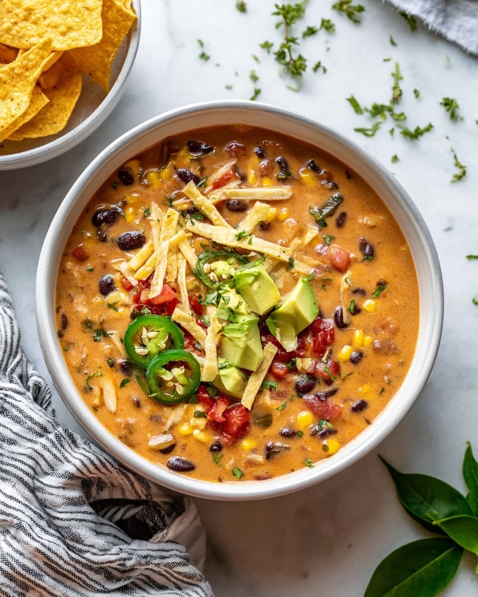 A white bowl filled with creamy chili that has visible layers of black and red beans, corn, and small red pepper pieces mixed in a thick orange-brown base. On top, there are sliced green jalapeños, thin slices of avocado, shredded cheese, chopped red chili pieces, and broken tortilla chips scattered across the surface. The bowl is placed on a white marbled texture with some scattered green herbs around it and a striped cloth napkin partly visible beside the bowl. Nearby, a white bowl holds tortilla chips and two green leaves lie on the marbled surface. Photo taken with an iphone --ar 4:5 --v 7
