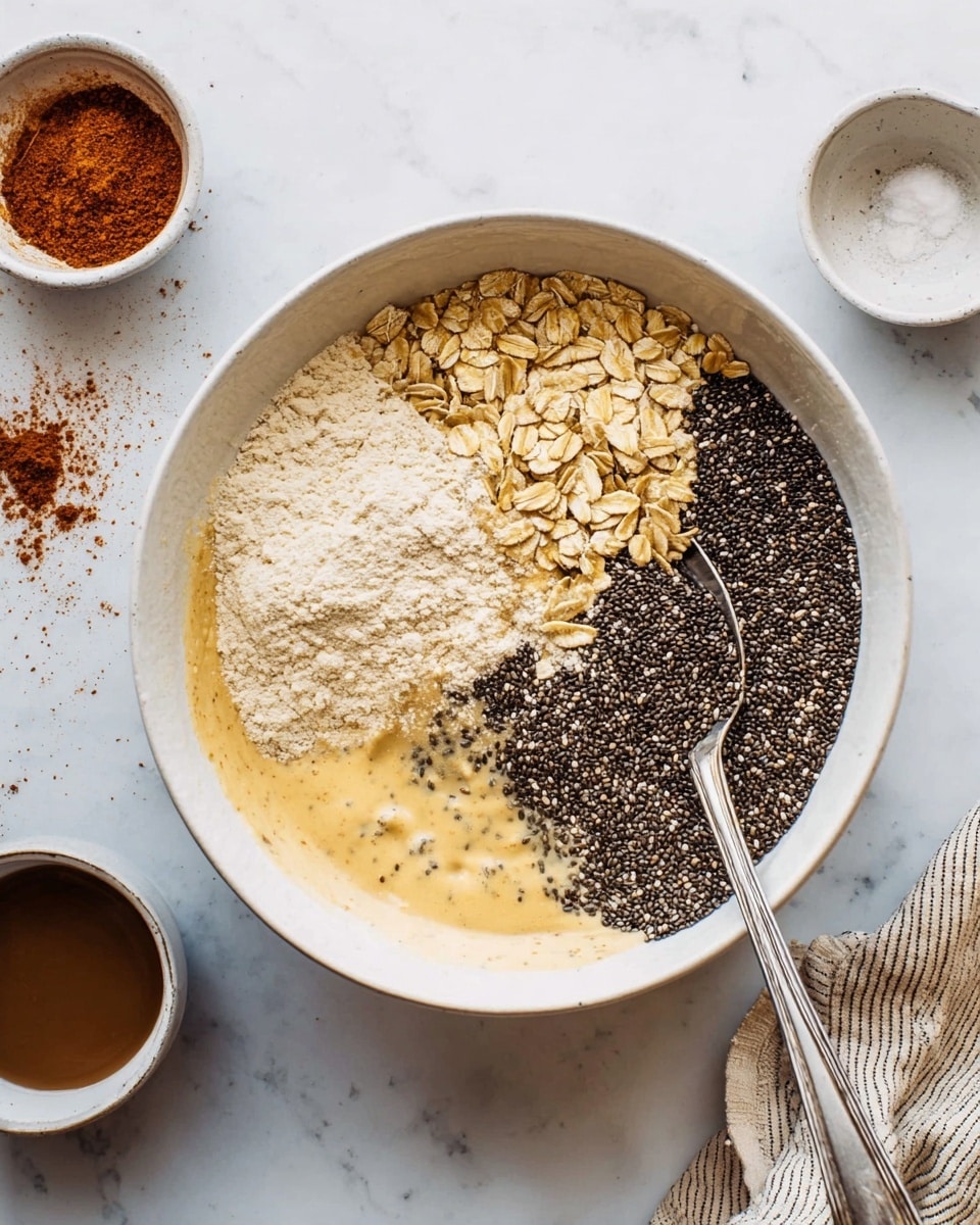 A large white bowl sits on a white marbled surface filled with four main layers arranged in quarters: a pale yellow powder on the top left, light brown rolled oats scattered on the top right and bottom left, a dense layer of small black chia seeds on the bottom right, all resting on a thin light brown liquid base that is visible around the edges and beneath the layers. A silver spoon is partially immersed in the pale yellow powder. Around the bowl, there are two smaller white bowls, one with reddish-brown powder and the other with a dark brown liquid, and a beige-striped cloth is partially visible in the top right corner. Photo taken with an iphone --ar 4:5 --v 7